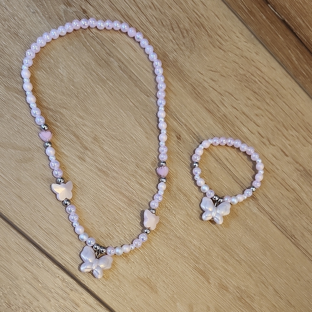 Pink Butterfly Necklace And Bracelet Jewelry Set